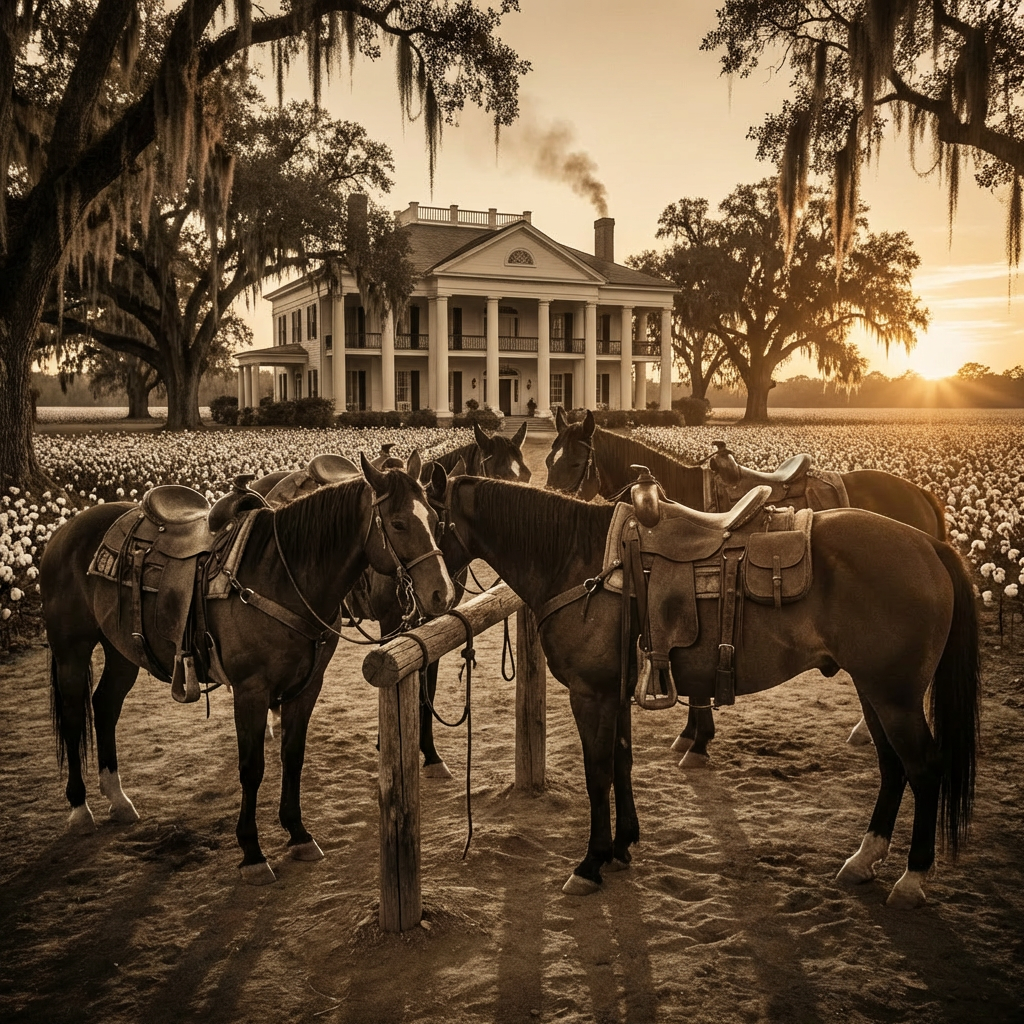 Saddled horses tied to a hitching post at a desert ranch during sunset.