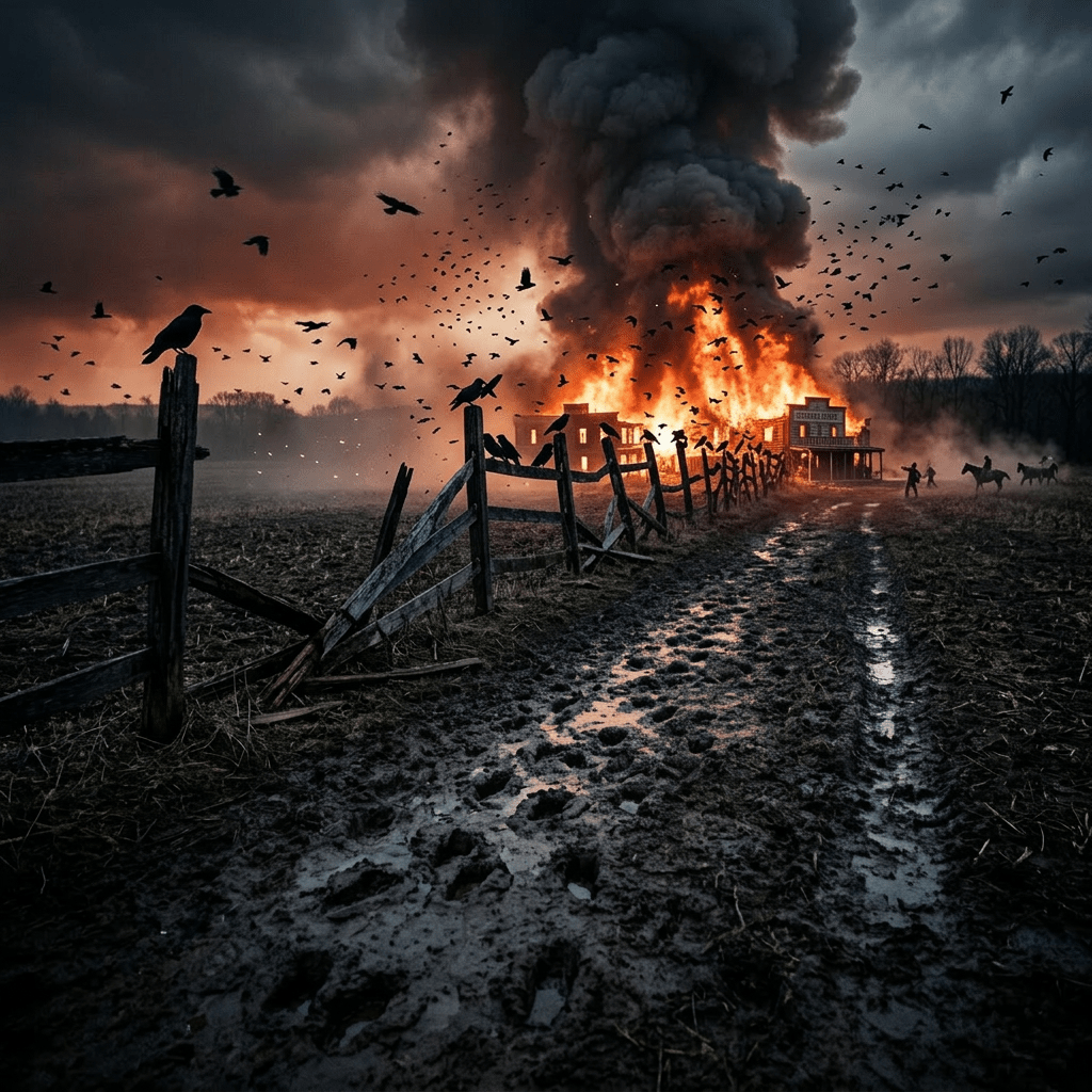 Burning farmhouse with thick smoke, fleeing horses, and birds in flight