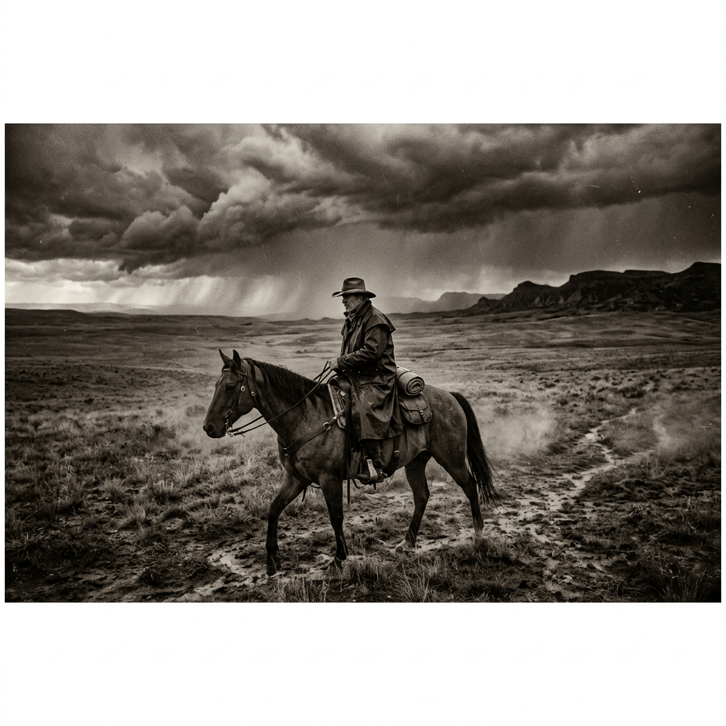 Cowboy wearing hat and coat riding horse on muddy path with storm clouds
