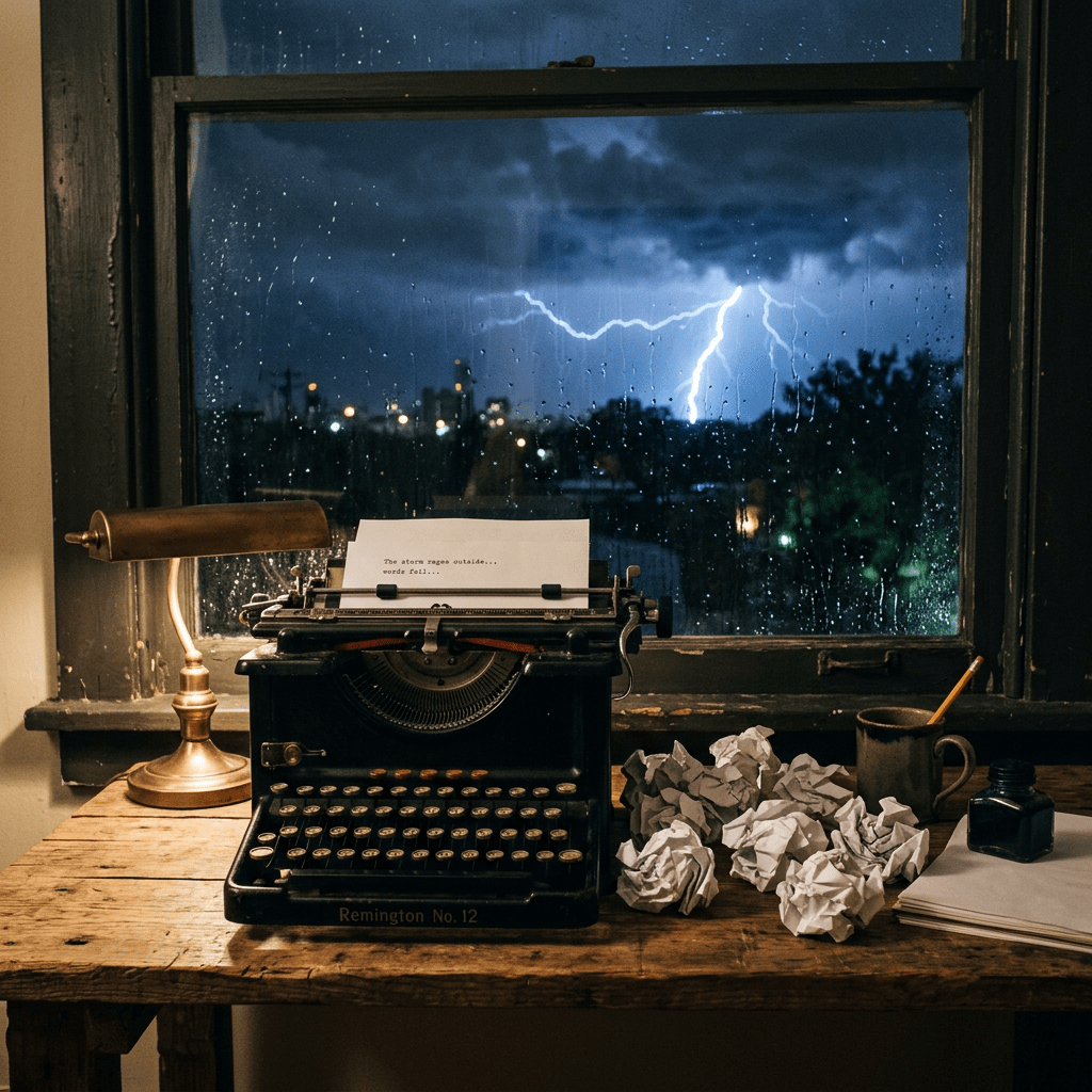 Vintage typewriter on wooden desk with paper reading 'The storm rages outside... words fail.' Lightning visible through rain-speckled window at night.