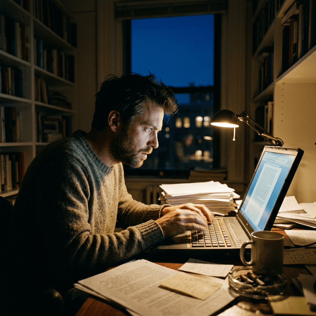 Man concentrating on laptop typing at desk with papers and lamp at night