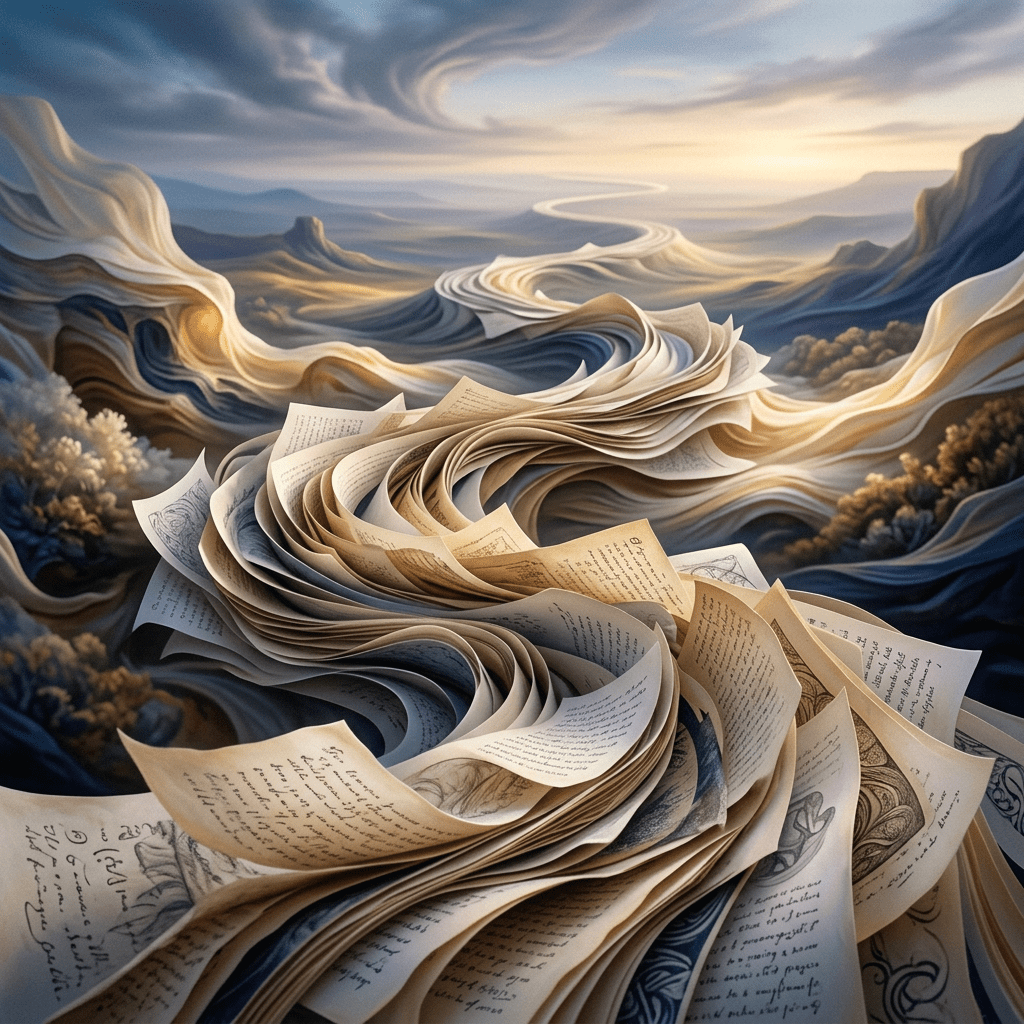 Curled and swirling pages of a book transforming into a scenic winding path in a mountainous landscape